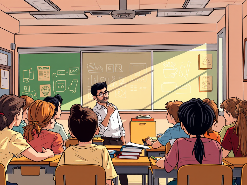 Insegnante che dialoga con studenti in aula scolastica durante una lezione, alla lavagna formule e scritte didattiche.