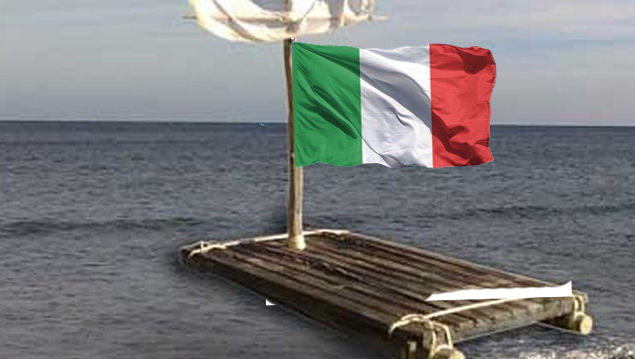 Zattera alla deriva con bandiera italiana al centro del mare, simbolo della crisi e dell’incertezza del Paese