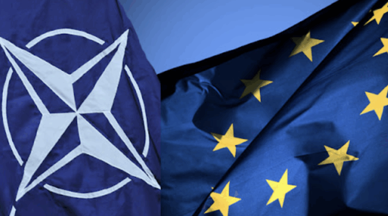Bandiere della NATO e dell’Unione Europea affiancate, simbolo della cooperazione euro-atlantica
