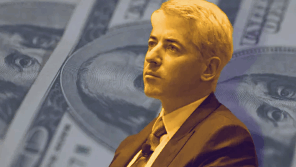 Bill Ackman in primo piano su sfondo di banconote da 100 dollari, simbolo del potere economico della Silicon Valley