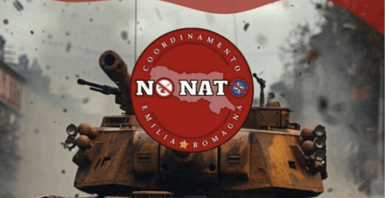 Simbolo “NO NATO” sovrapposto a un carro armato tra esplosioni, rappresentazione visiva di protesta contro l’alleanza atlantica.