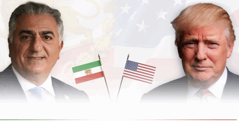 Reza Pahlavi e Donald Trump con le bandiere di Iran e USA sullo sfondo