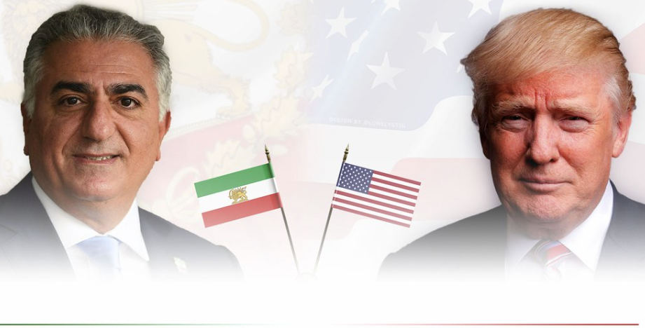 Reza Pahlavi e Donald Trump con le bandiere di Iran e USA sullo sfondo