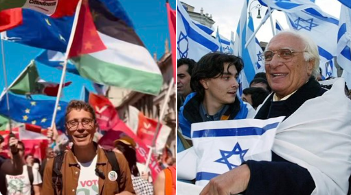 Manifestanti con bandiere palestinesi e israeliane al corteo del 25 aprile: contrasti simbolici e crisi dell’eredità radicale