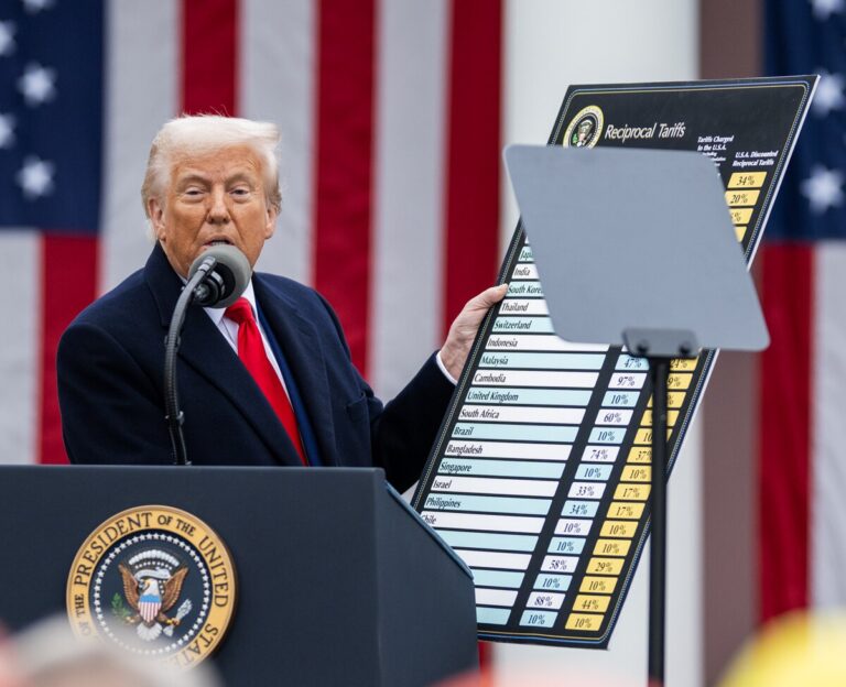 Donald Trump mostra una tabella durante un discorso ufficiale, con bandiere americane sullo sfondo – contesto politico-economico USA