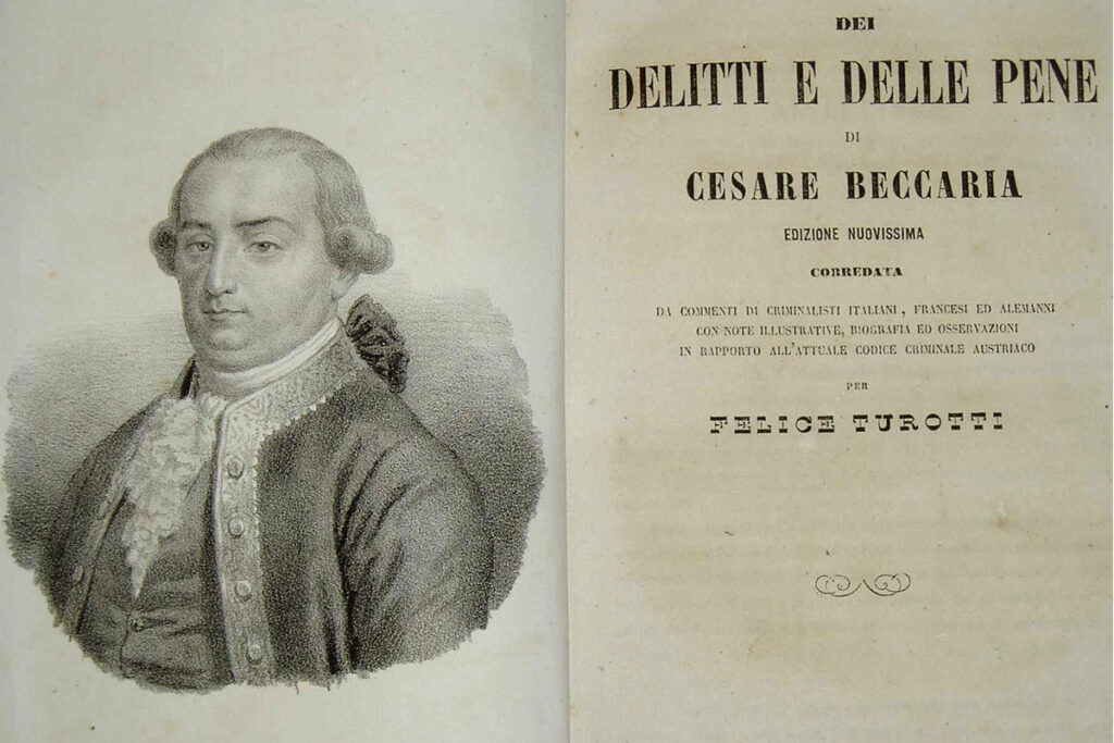 Ritratto di Cesare Beccaria e copertina del libro "Dei delitti e delle pene", opera chiave dell'illuminismo giuridico e del garantismo penale.