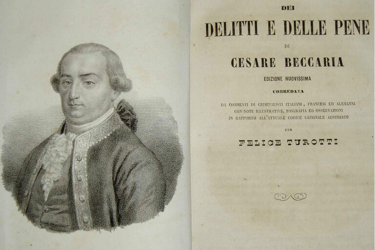 Ritratto di Cesare Beccaria e copertina del libro "Dei delitti e delle pene", opera chiave dell'illuminismo giuridico e del garantismo penale.