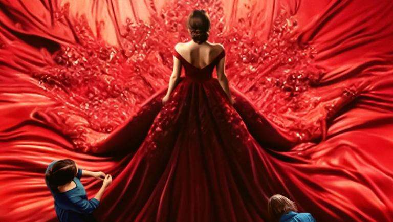 Scena dal film Diamanti di Özpetek: donna in abito rosso tra lusso e spettacolarità, simbolo dell’estetica e del conflitto emotivo del film