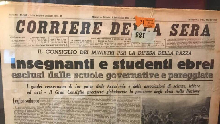 Prima pagina del Corriere della Sera con titolo sulla persecuzione fascista di insegnanti e studenti ebrei durante le leggi razziali in Italia