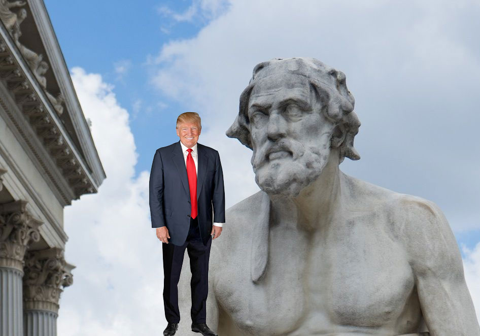 Donald Trump accanto alla statua di Tucidide, simbolo del confronto geopolitico moderno tra potenze